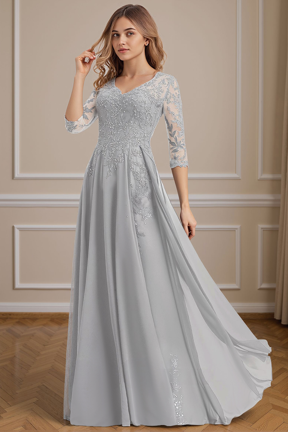 Silver Floral V-Neck A Line Floor-Length Mother of the Bride Dress with Lace