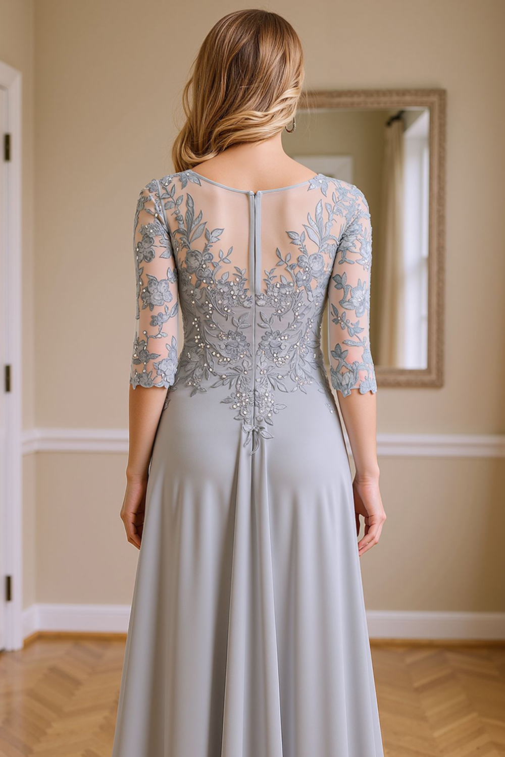 Silver Floral V-Neck A Line Floor-Length Mother of the Bride Dress with Lace