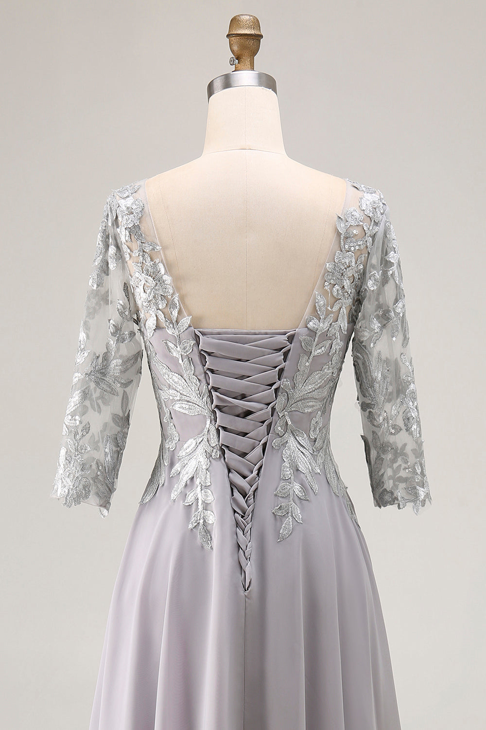 Silver V-Neck A-Line Chiffon Long Mother of the Bride Dress with Lace