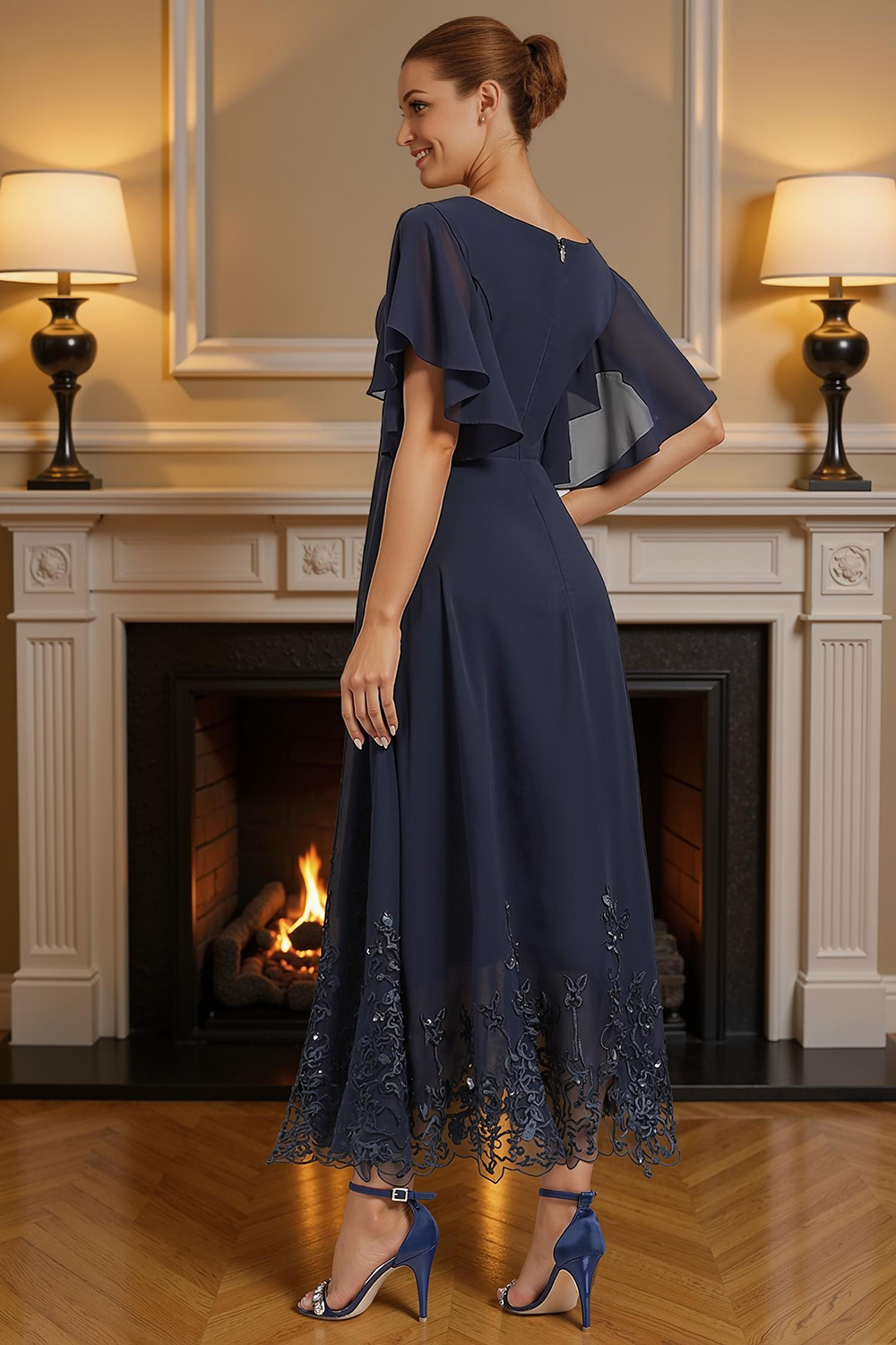 Navy V-Neck A Line Tea-Length Mother of the Bride Dress with Lace