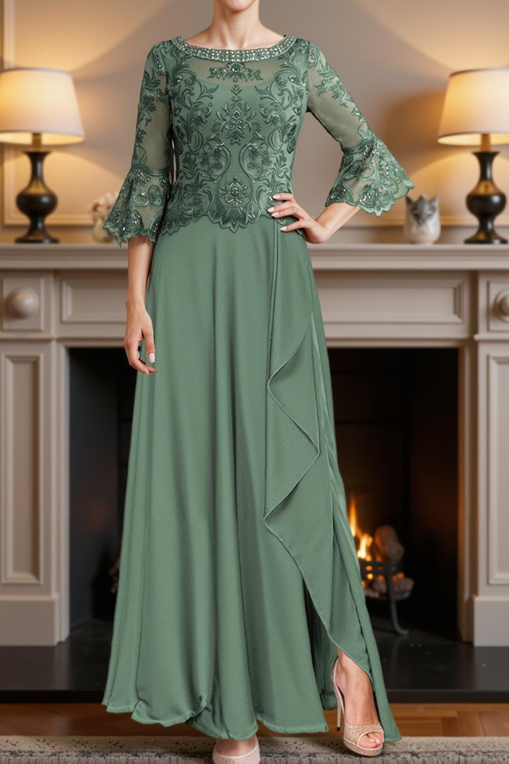 Sparkly Dark Green A Line Floor-Length Mother of the Bride Dress with Beading