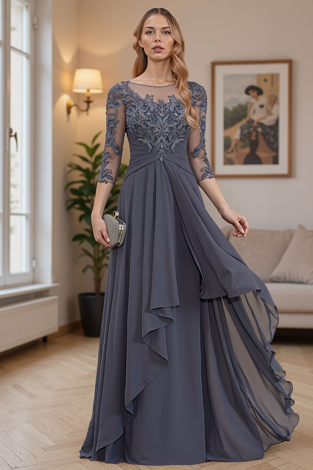 Steel Grey Ruffled A Line Floor-Length Mother of the Bride Dress with Lace
