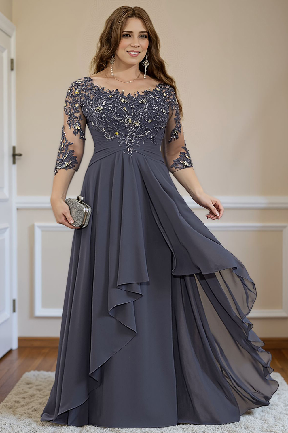 Steel Grey Ruffled A Line Floor-Length Mother of the Bride Dress with Lace