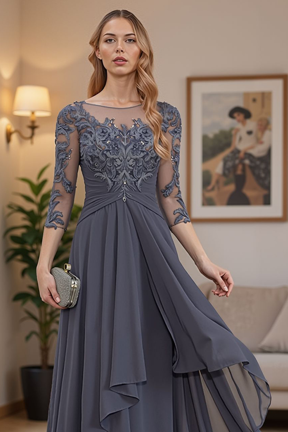 Steel Grey Ruffled A Line Floor-Length Mother of the Bride Dress with Lace