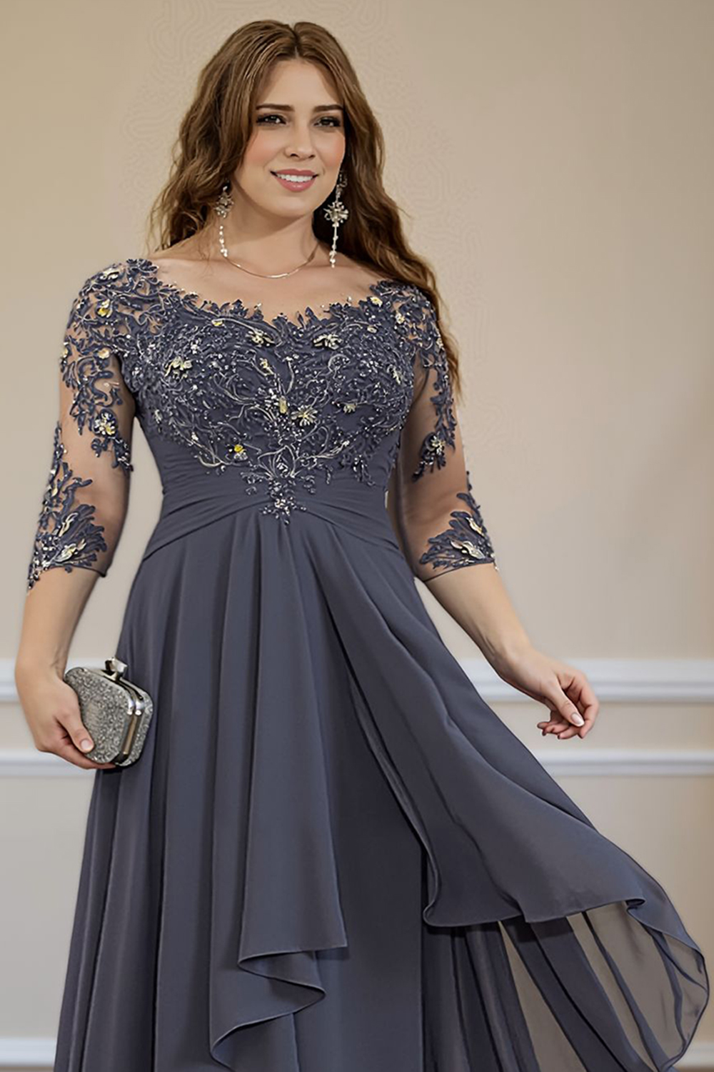 Steel Grey Ruffled A Line Floor-Length Mother of the Bride Dress with Lace