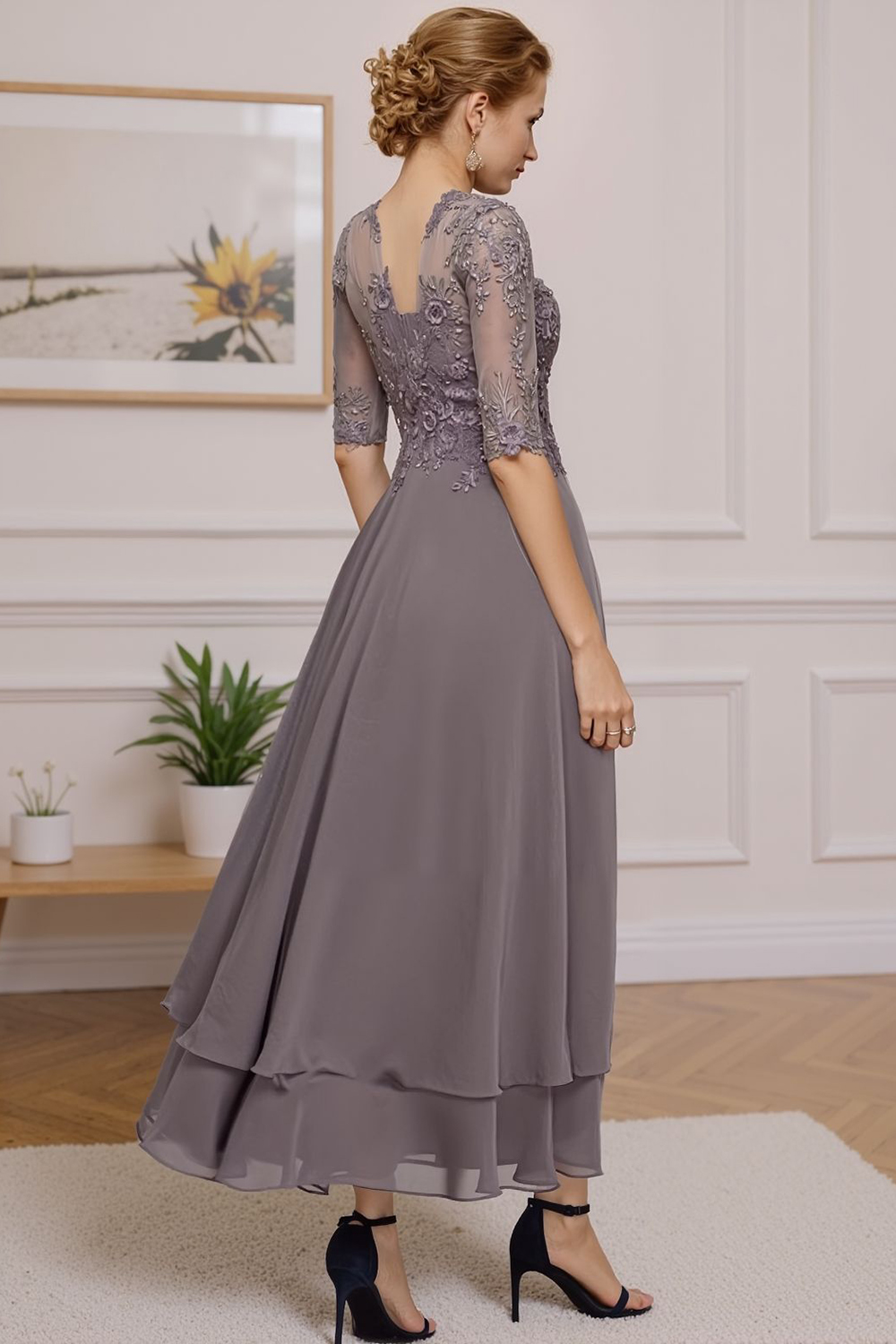 Floral Eucalyptus Ruffled A Line Ankle-Length Mother of the Bride Dress with Lace