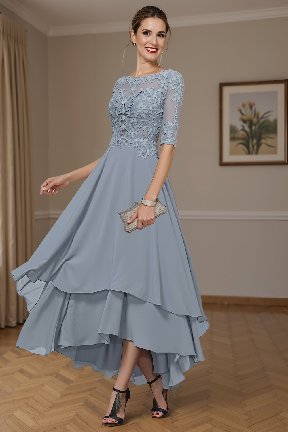 Floral Eucalyptus Ruffled A Line Ankle-Length Mother of the Bride Dress with Lace