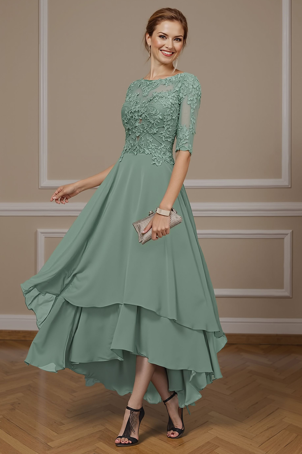 Floral Eucalyptus Ruffled A Line Ankle-Length Mother of the Bride Dress with Lace