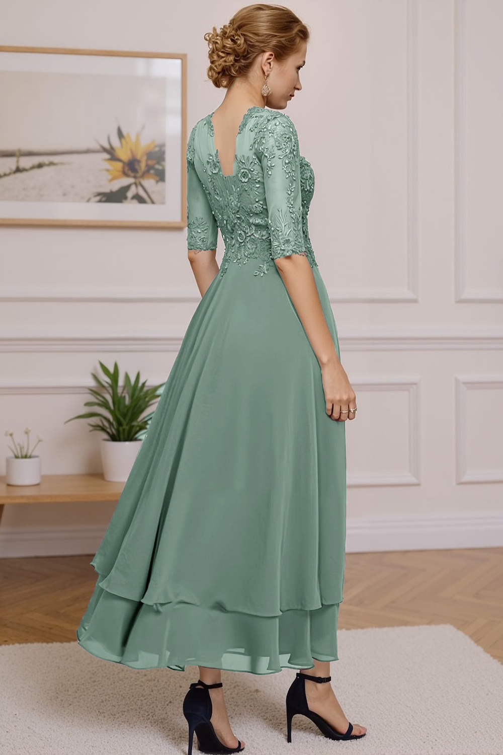 Floral Eucalyptus Ruffled A Line Ankle-Length Mother of the Bride Dress with Lace