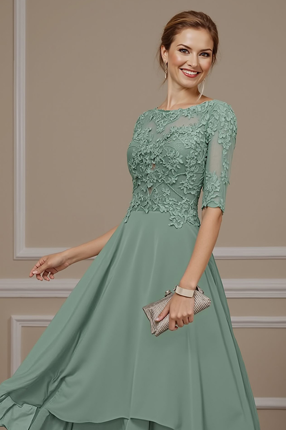 Floral Eucalyptus Ruffled A Line Ankle-Length Mother of the Bride Dress with Lace