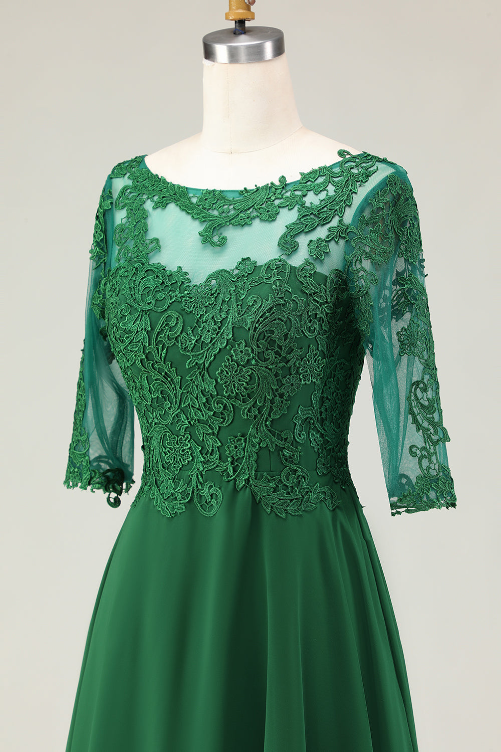 Green Chiffon A-Line Boat Neck Tea-Length Mother of the Bride Dress with Sleeves