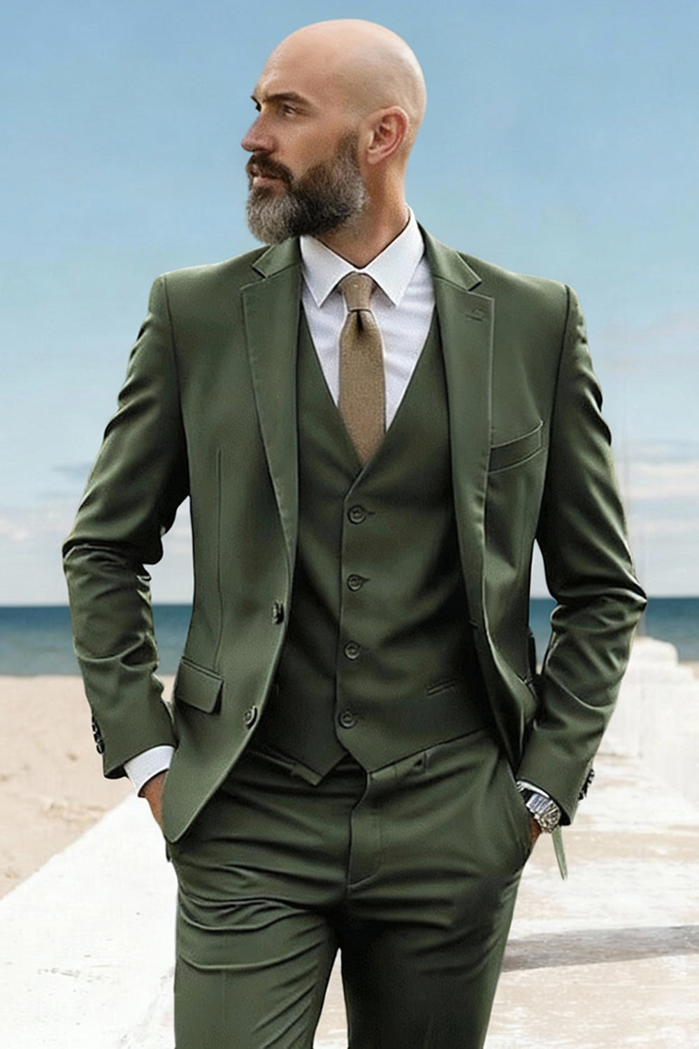 3 Piece Army Green Single Breasted Prom Party Men Suits