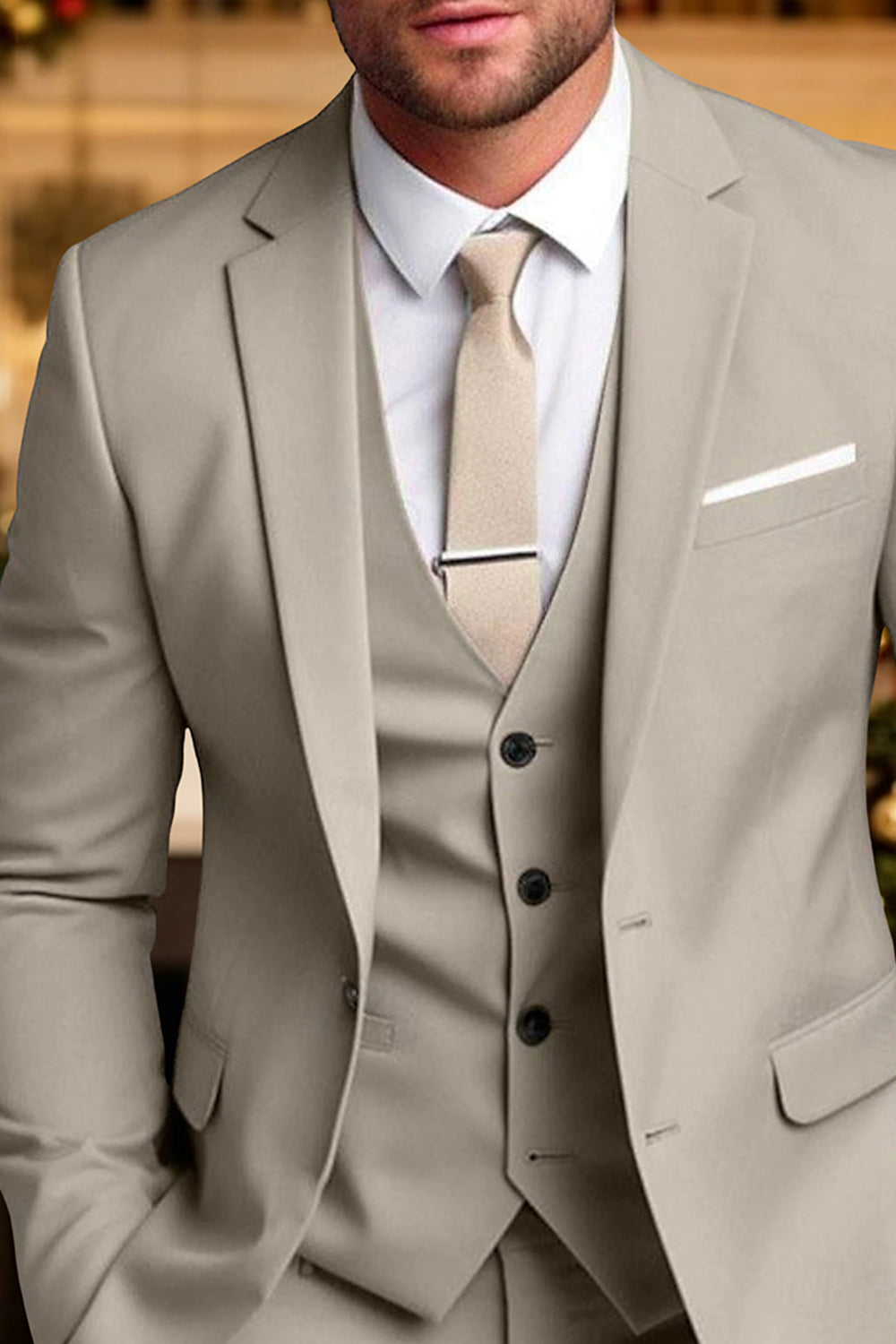 3 Piece Light Khaki Notched Lapel Solid Single Breasted Men Prom Suits
