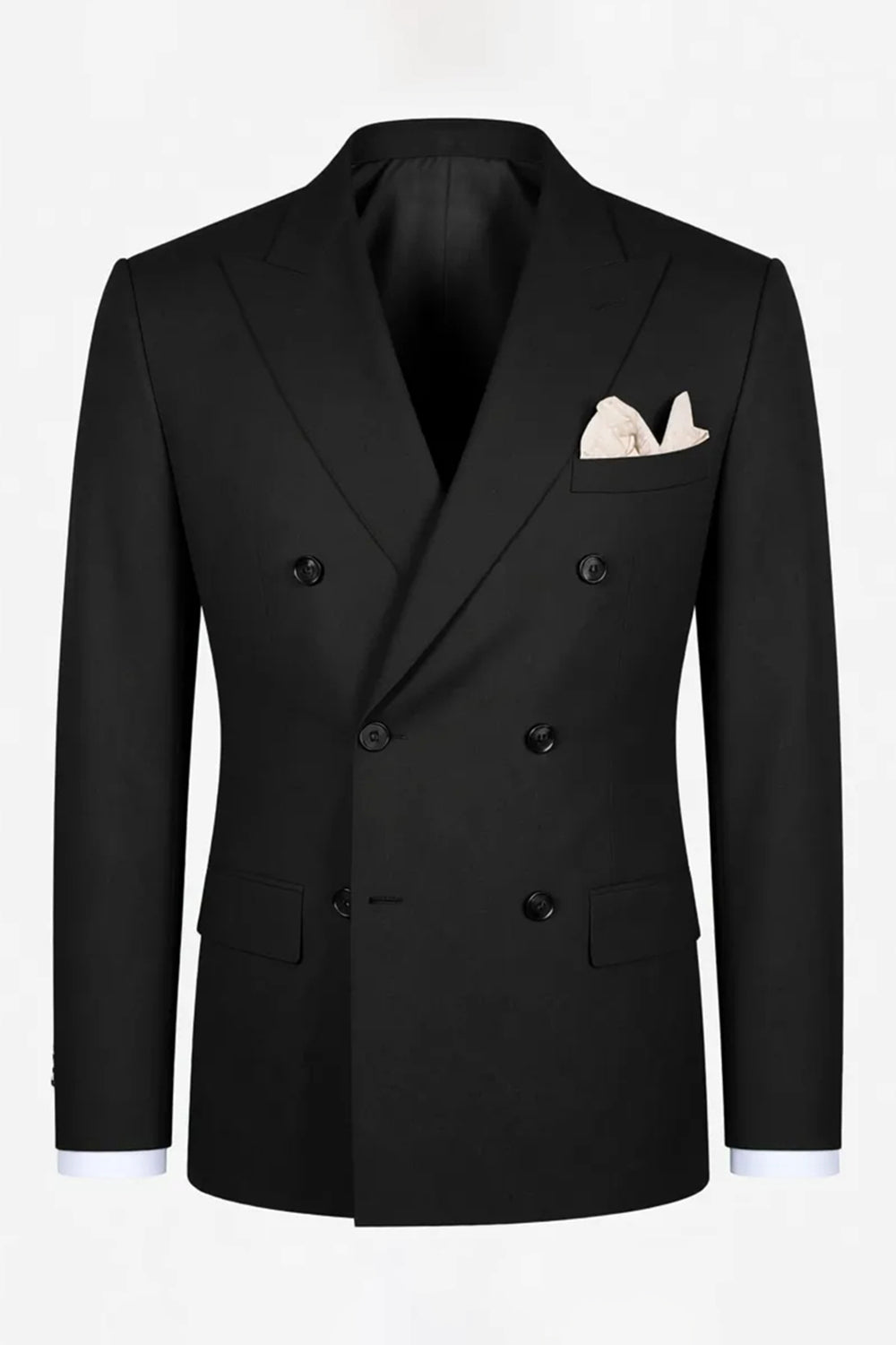 2 Piece Black Peak Lapel Double Breasted Slim Fit Men Prom Suits with Pockets