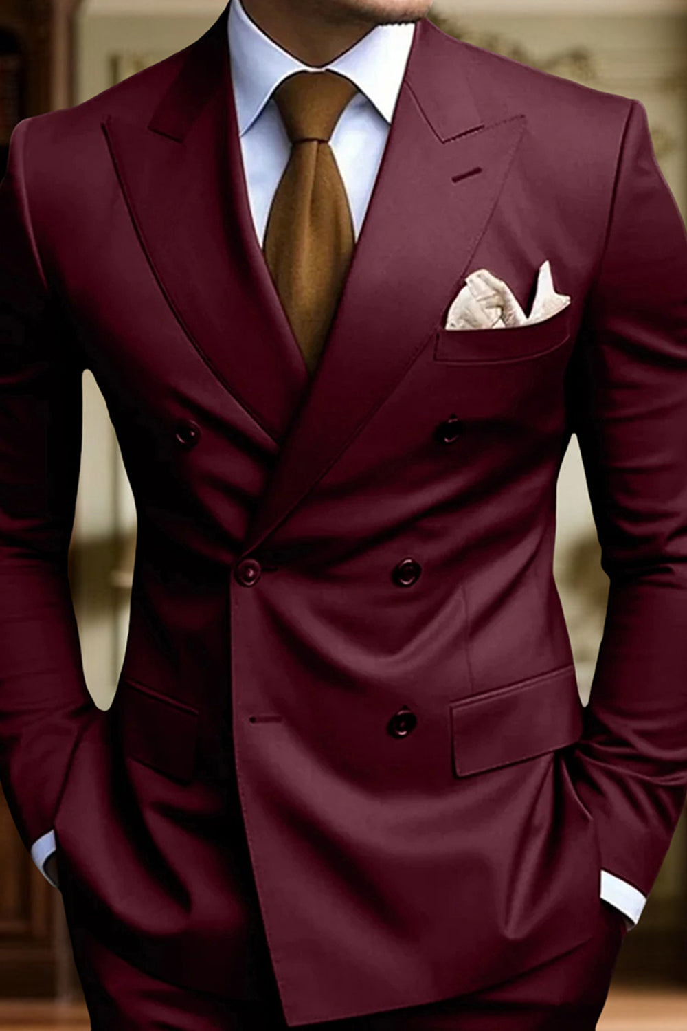 2 Piece Black Peak Lapel Double Breasted Slim Fit Men Prom Suits with Pockets