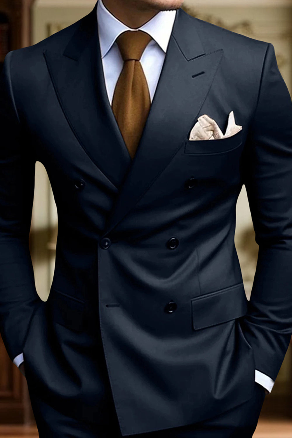 2 Piece Black Peak Lapel Double Breasted Slim Fit Men Prom Suits with Pockets