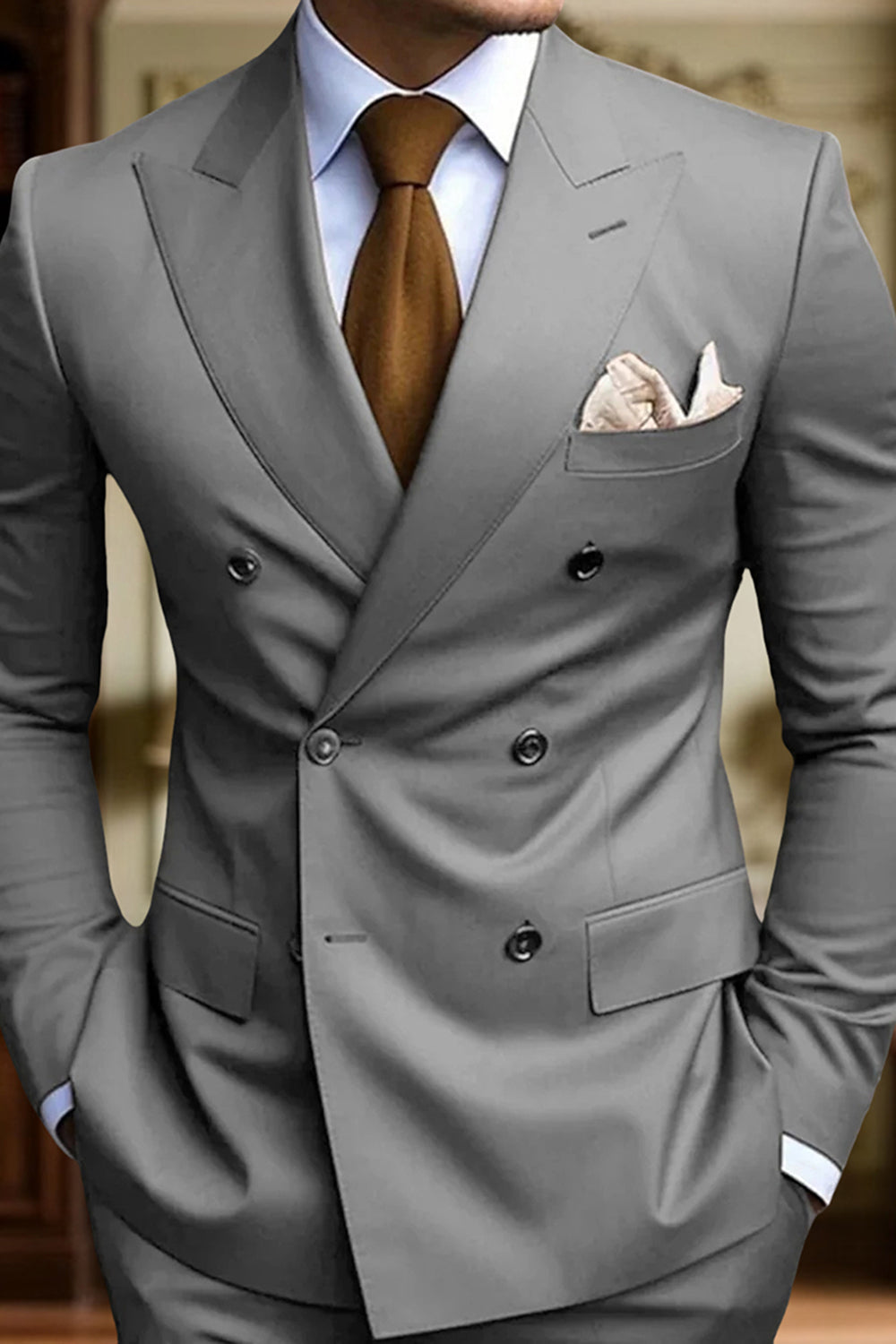 2 Piece Black Peak Lapel Double Breasted Slim Fit Men Prom Suits with Pockets