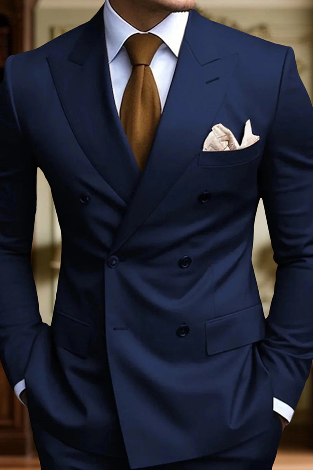 2 Piece Black Peak Lapel Double Breasted Slim Fit Men Prom Suits with Pockets