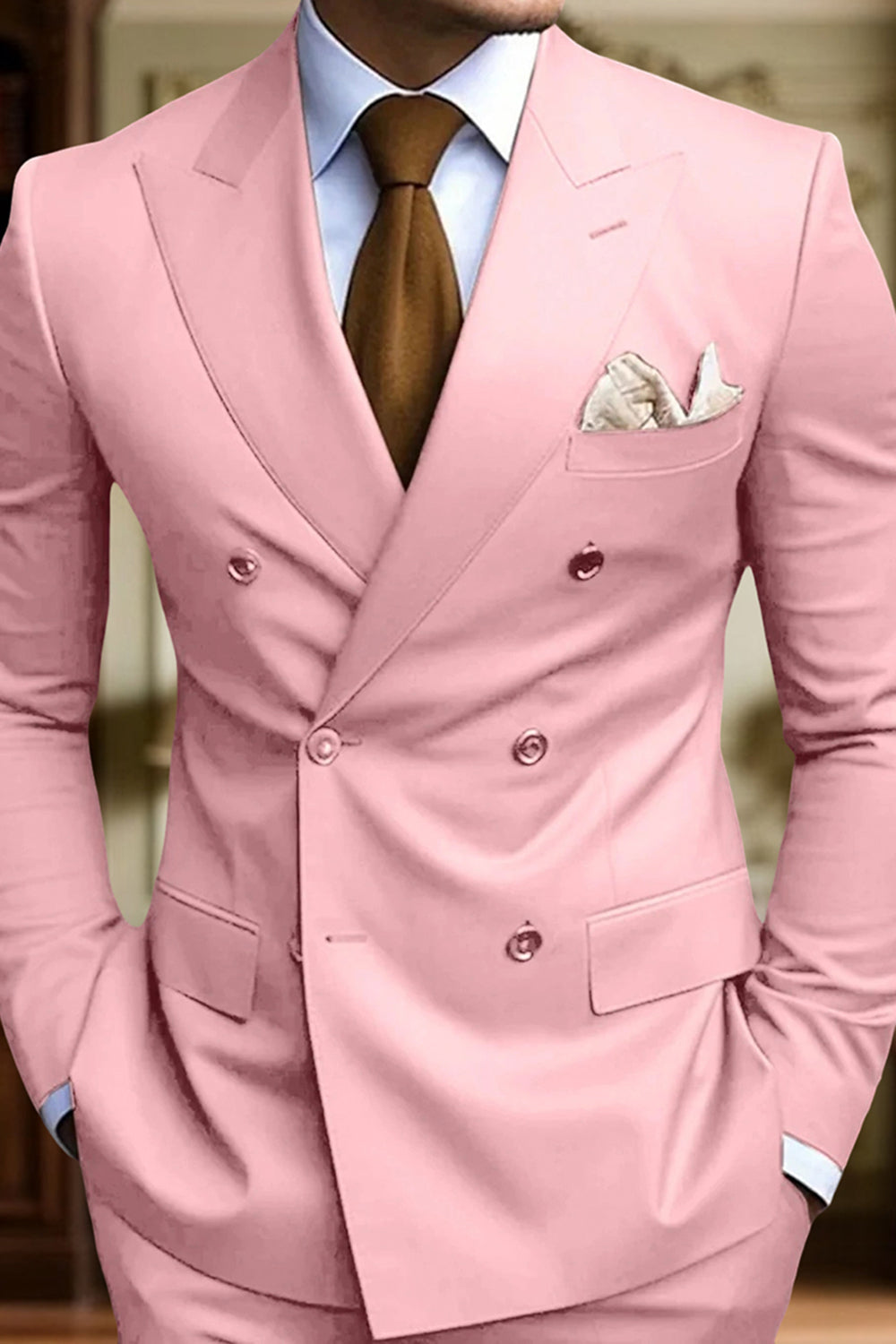 2 Piece Black Peak Lapel Double Breasted Slim Fit Men Prom Suits with Pockets