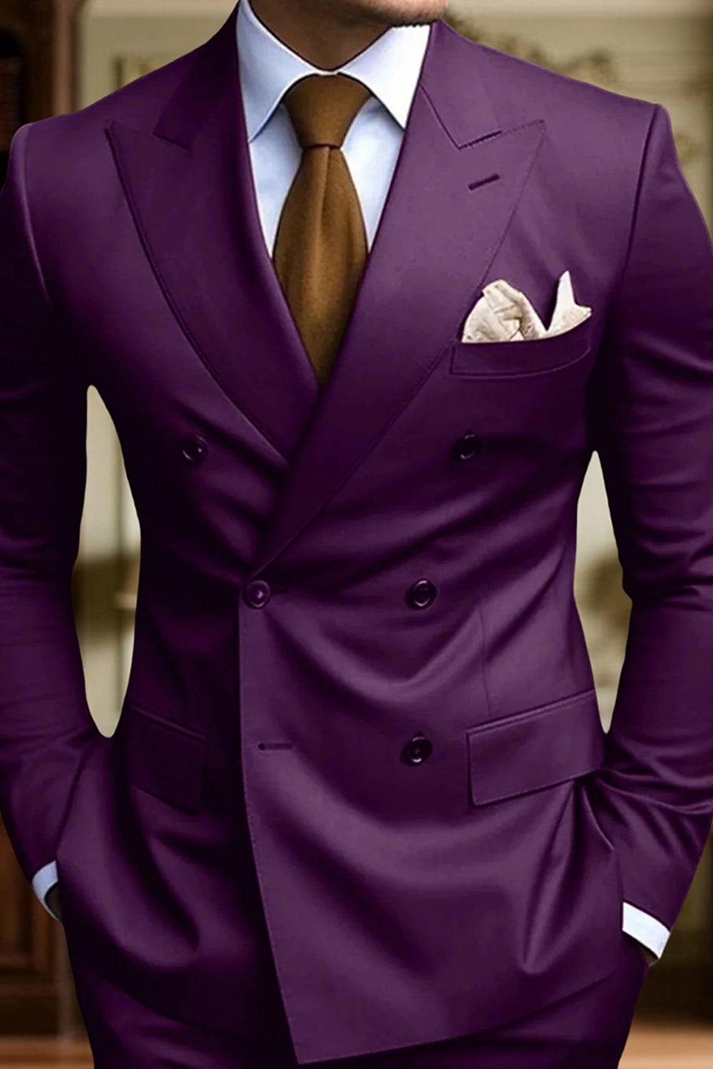 2 Piece Black Peak Lapel Double Breasted Slim Fit Men Prom Suits with Pockets