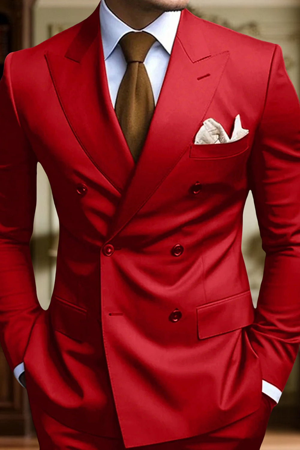 2 Piece Black Peak Lapel Double Breasted Slim Fit Men Prom Suits with Pockets