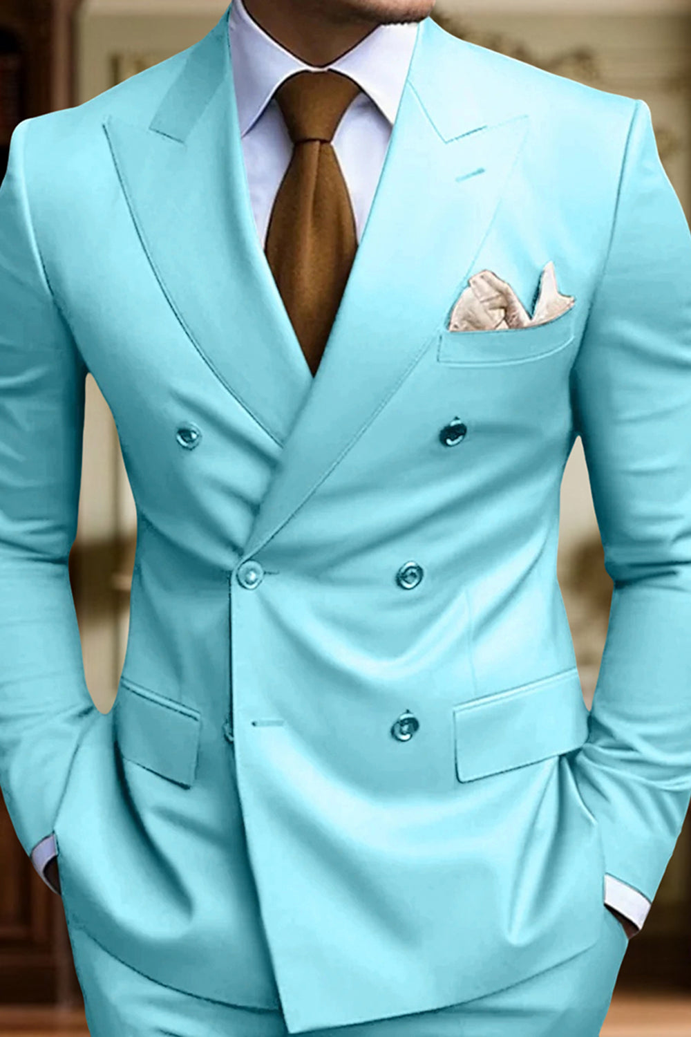 2 Piece Black Peak Lapel Double Breasted Slim Fit Men Prom Suits with Pockets