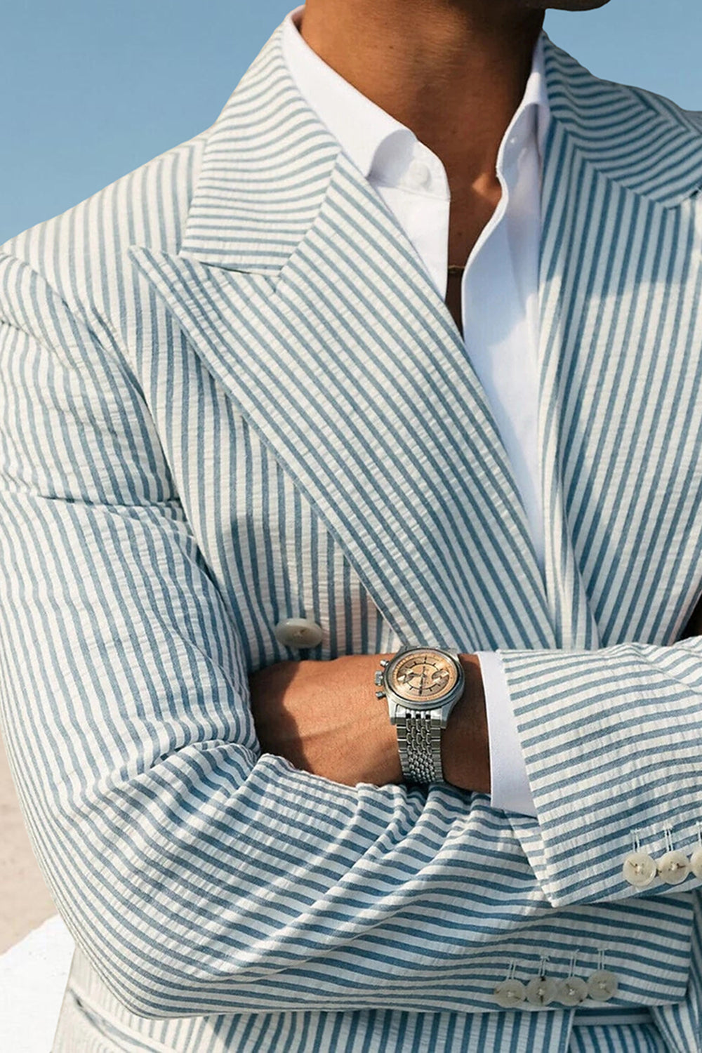 2 Piece Blue Striped Peak Lapel Slim Fit Men Prom Suits with Pockets