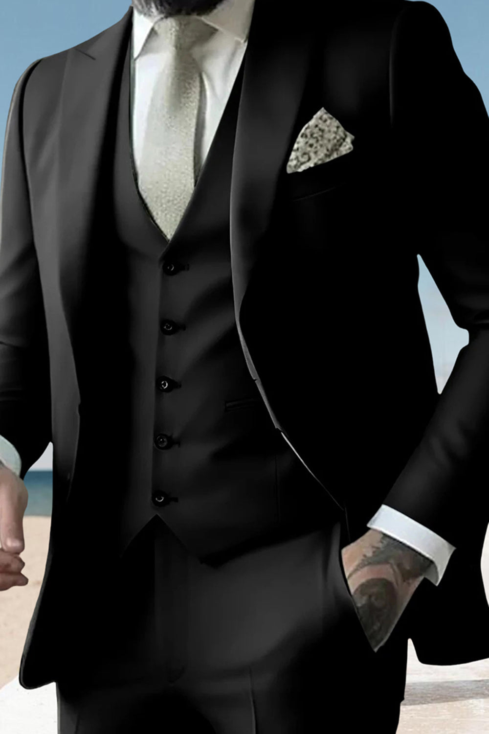 3 Piece Black Peak Lapel Single Breasted Men Prom Suits with Pockets