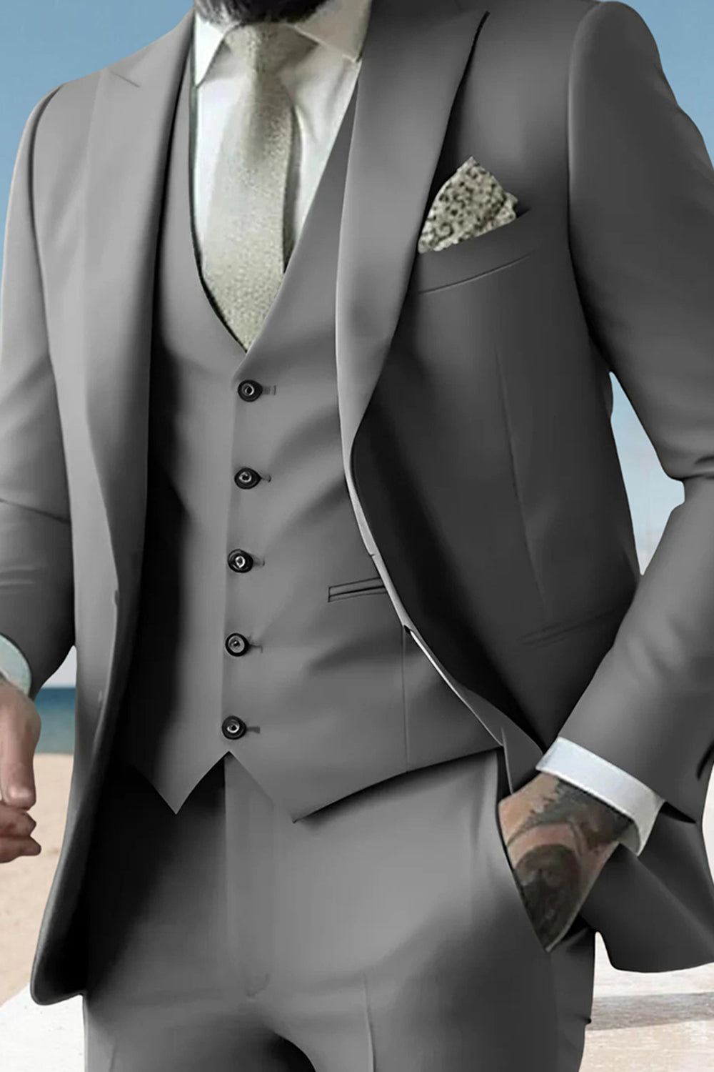 3 Piece Black Peak Lapel Single Breasted Men Prom Suits with Pockets