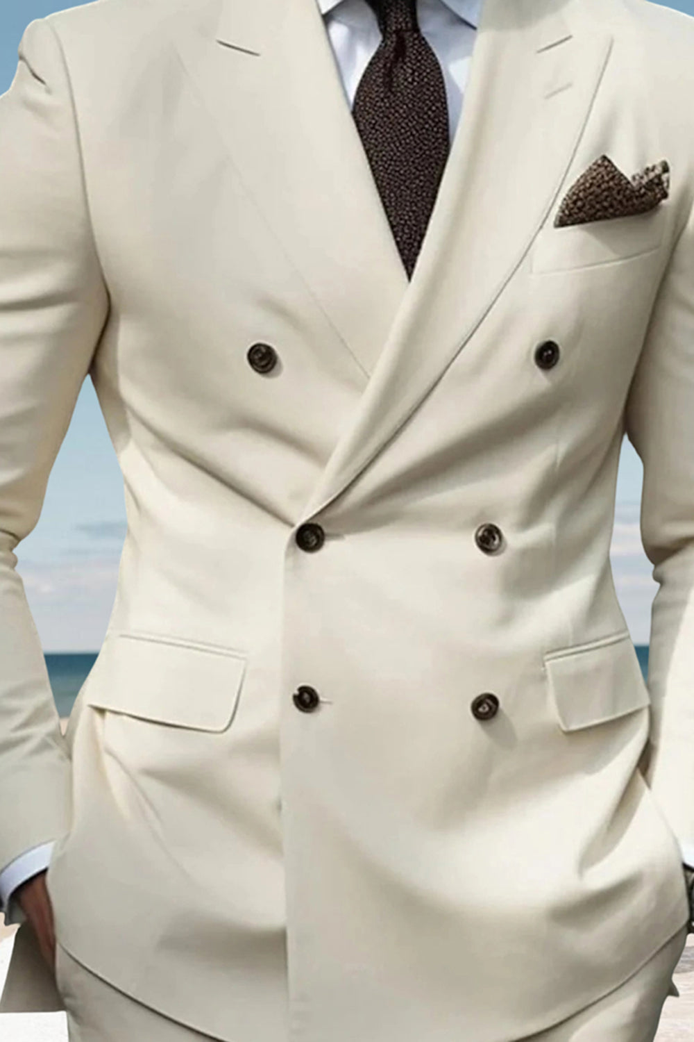 2 Piece Ivory Notched Lapel Solid Double Breasted Men Prom Suits