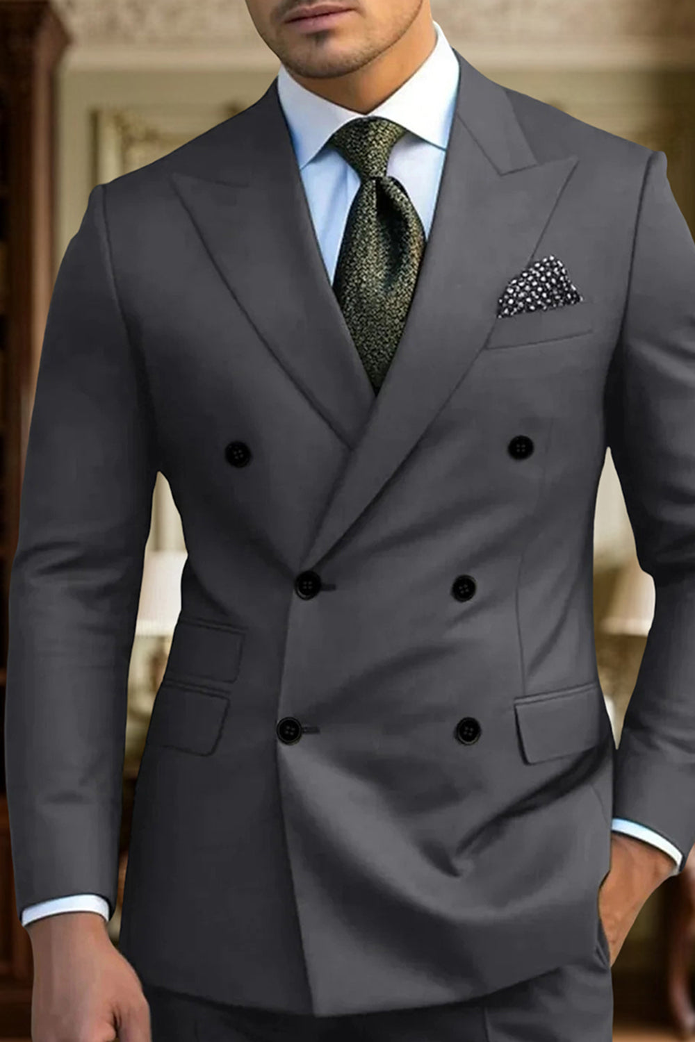 2 Piece Dark Green Peak Lapel Slim Fit Double Breasted Men Prom Suits