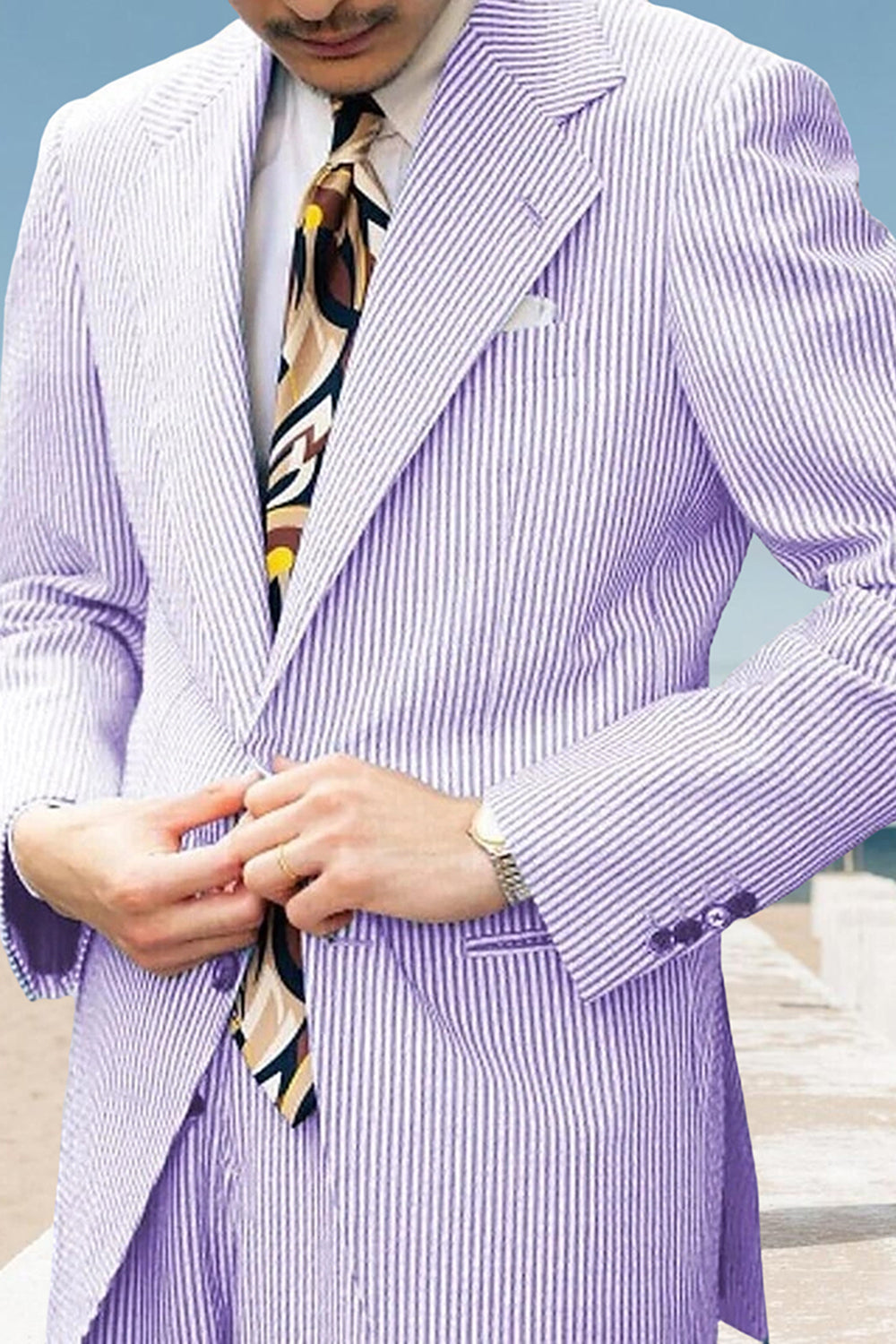 2 Piece Light Blue Notched Lapel Single Breasted Striped Men Prom Suits