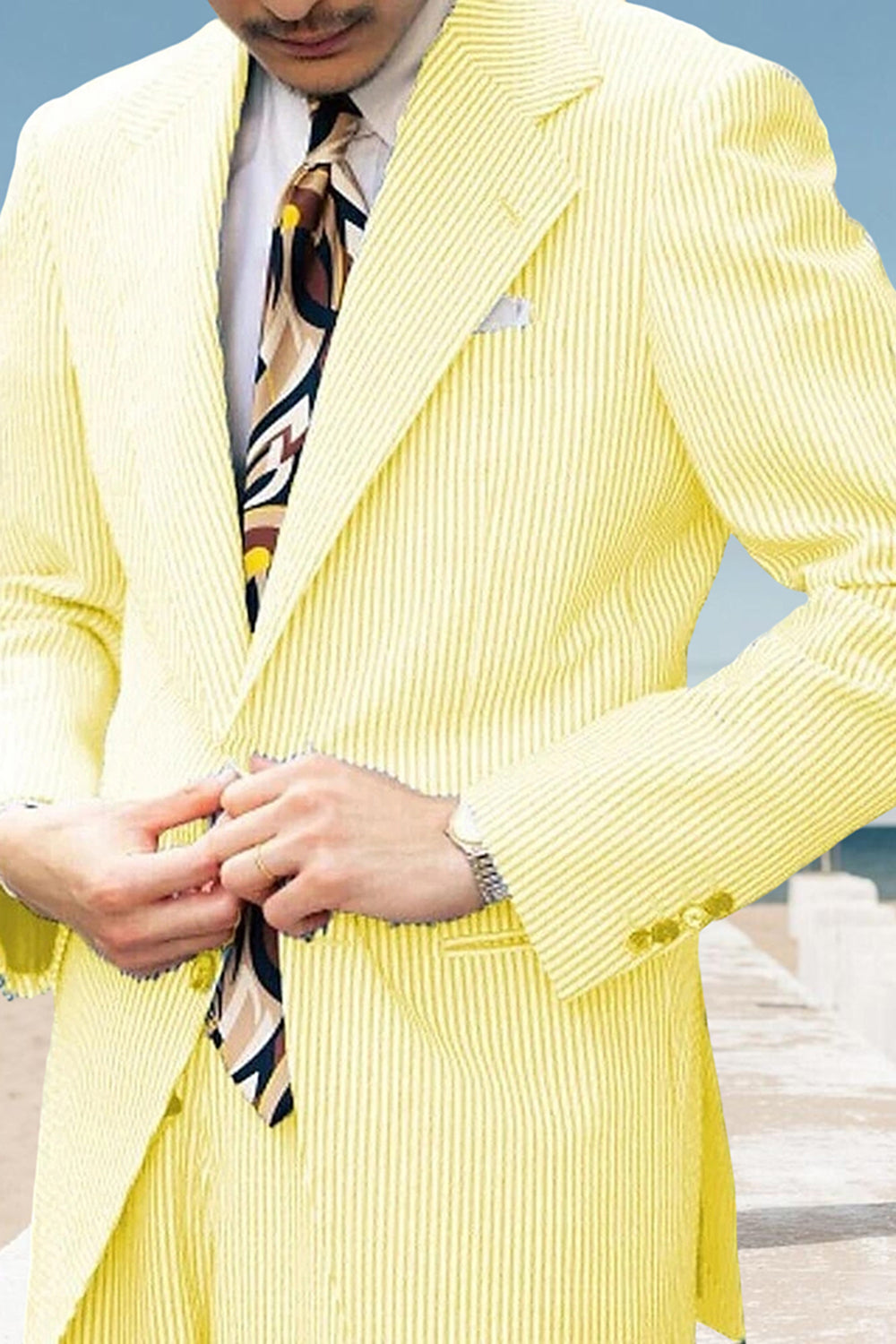 2 Piece Light Blue Notched Lapel Single Breasted Striped Men Prom Suits