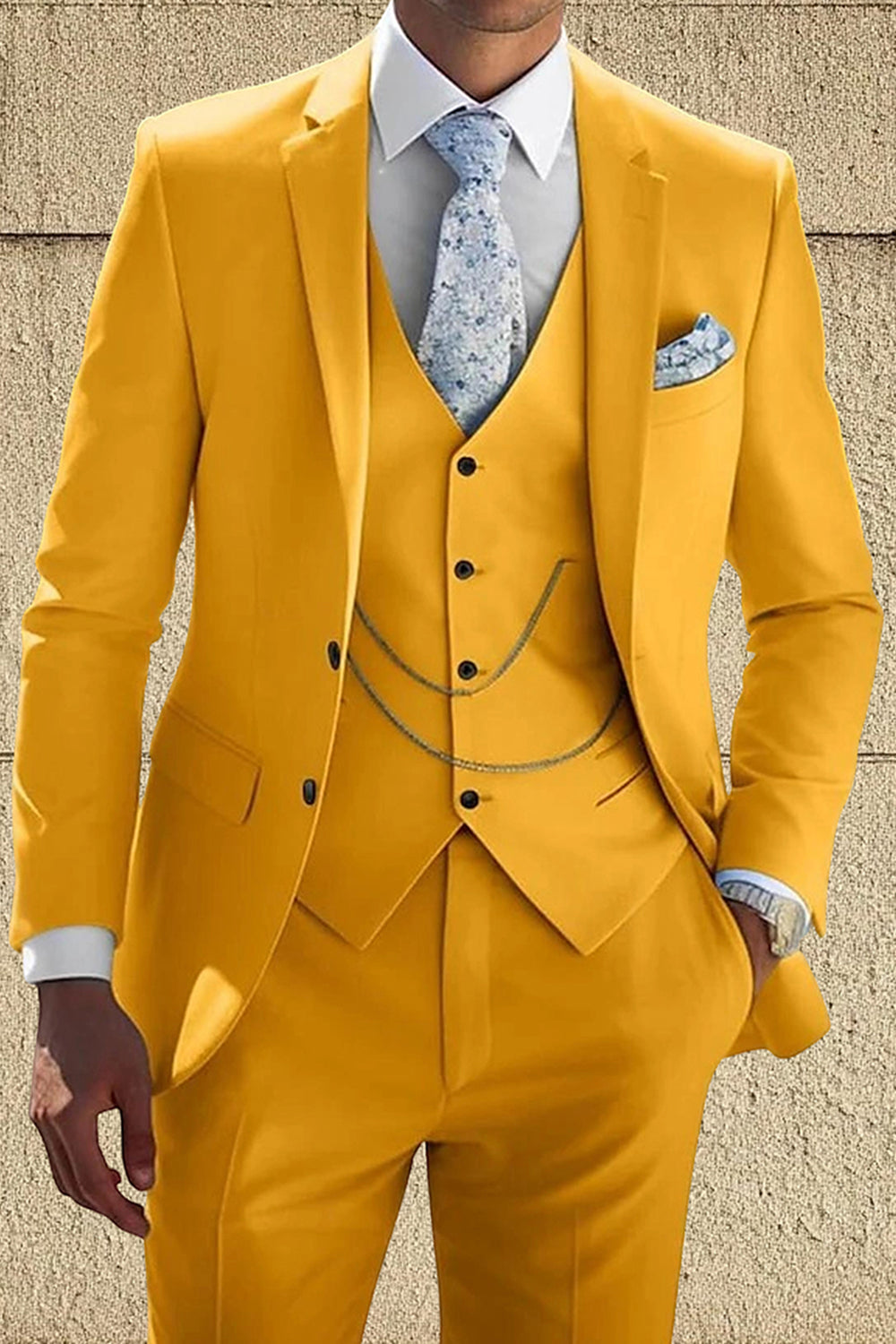 3 Piece Yellow Notched Lapel Slim Fit Single Breasted Men Prom Suits