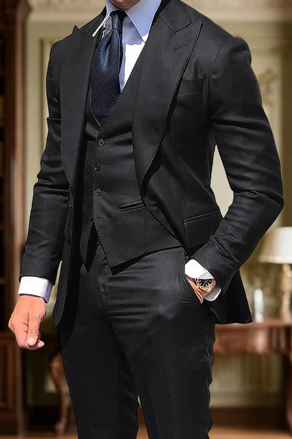 3 Piece Black Single Breasted Solid Slim Fit Peak Lapel Men Prom Suits
