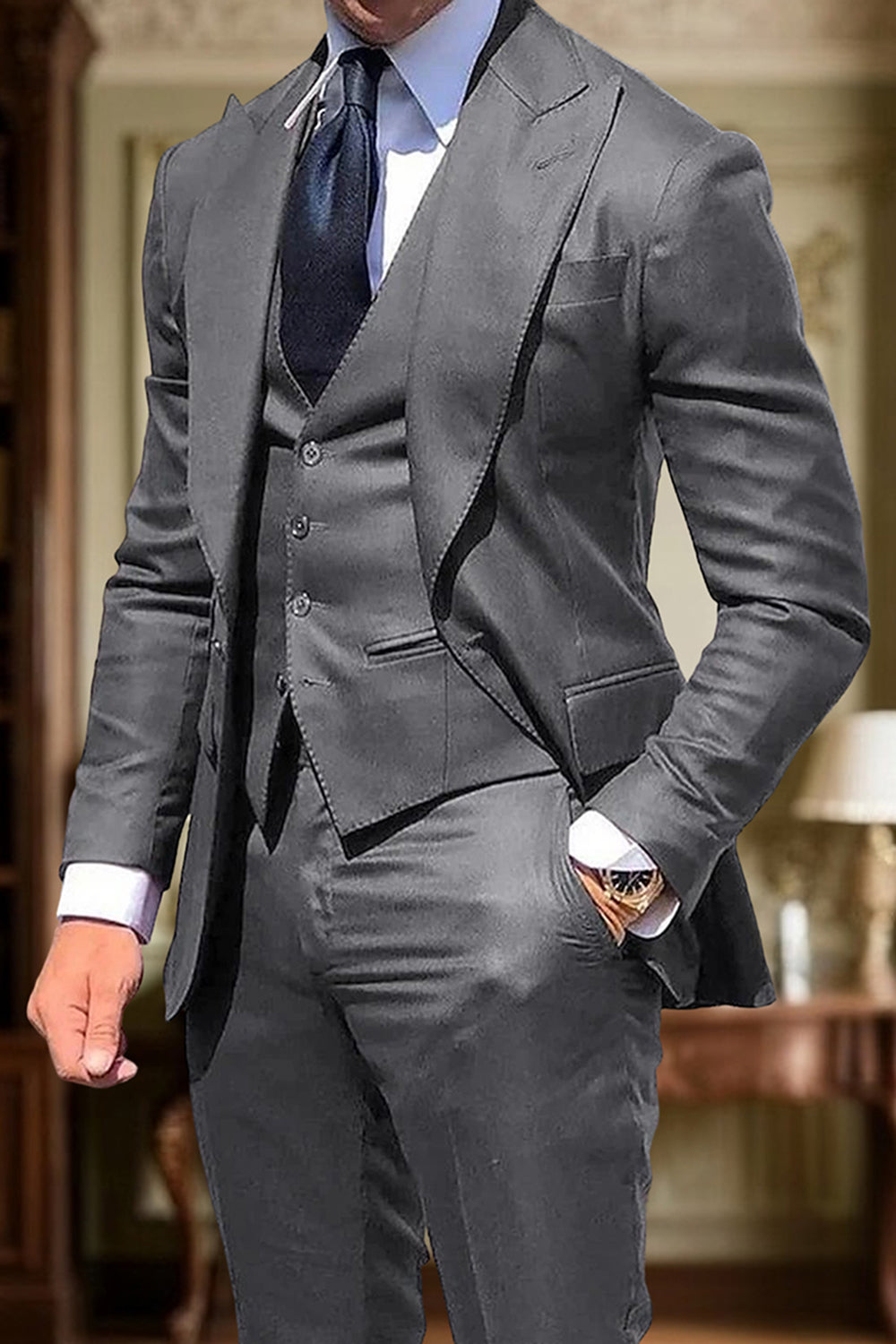 3 Piece Black Single Breasted Solid Slim Fit Peak Lapel Men Prom Suits