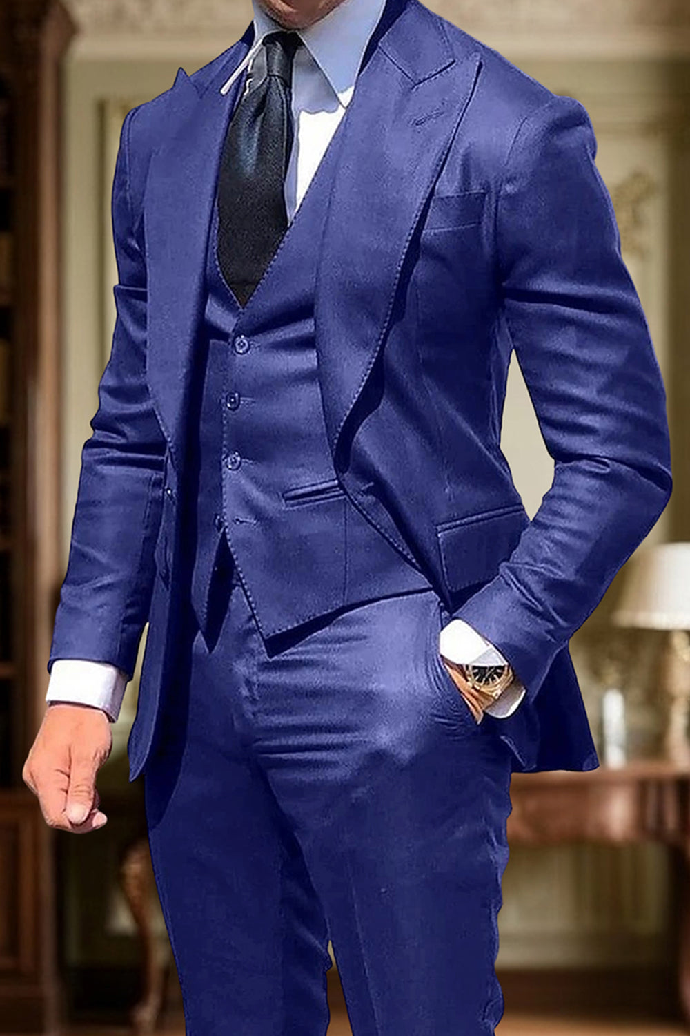 3 Piece Black Single Breasted Solid Slim Fit Peak Lapel Men Prom Suits