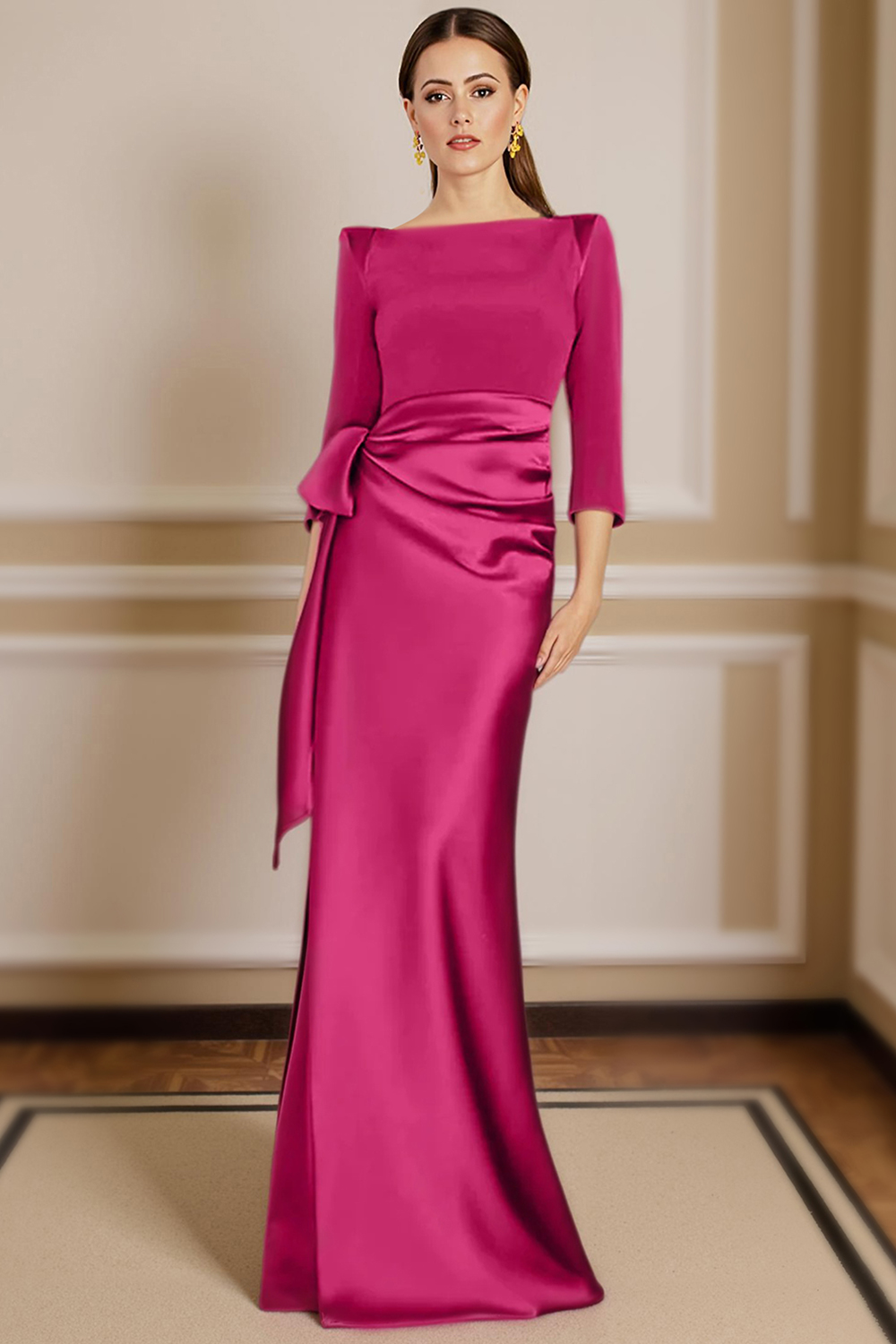 Fuchsia Sheath Bateau Neck Floor-Length Mother of the Bride Dress with Bow