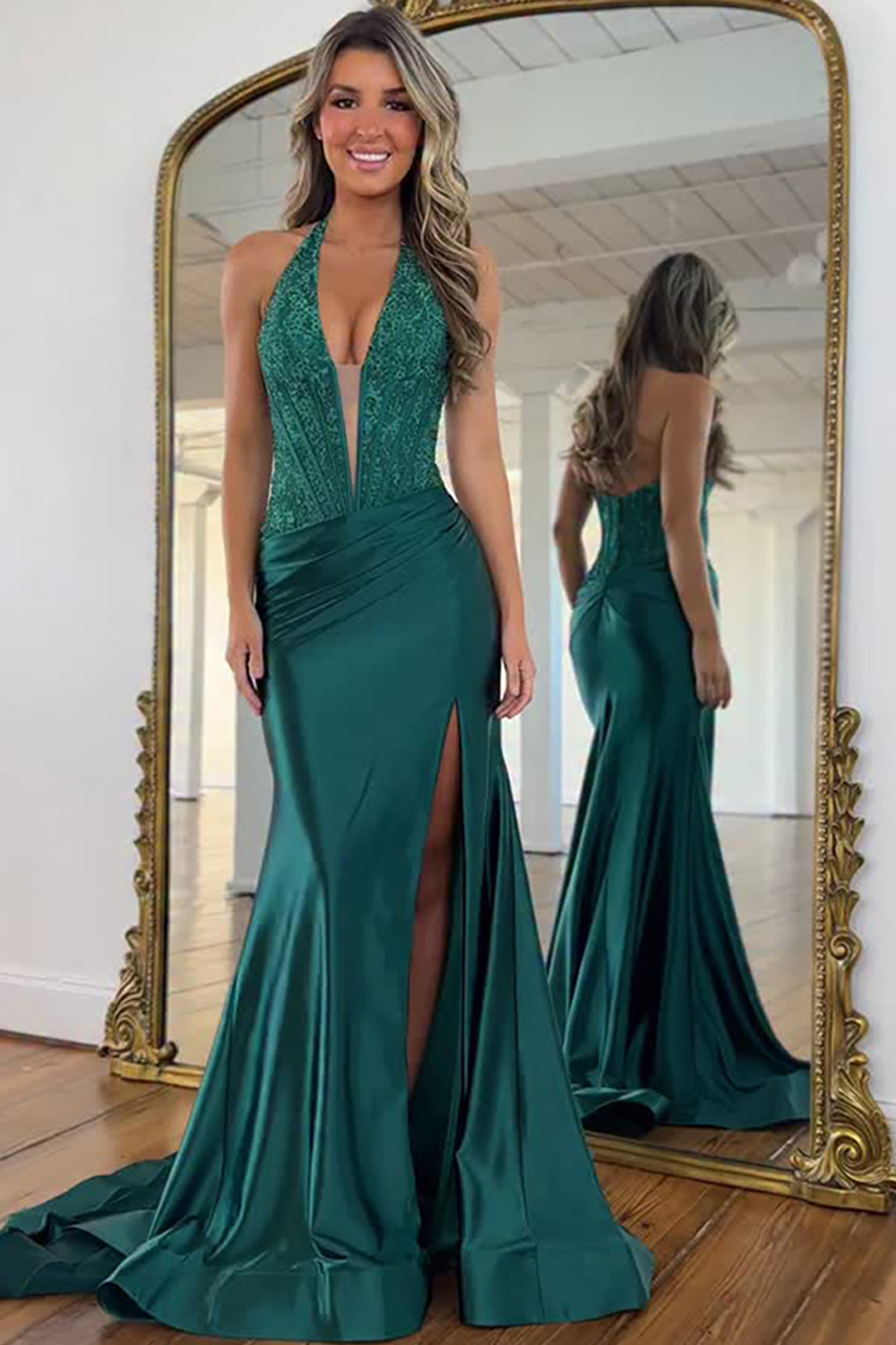 Sparkly Dark Green Corset Mermaid Beaded Long Prom Dress with Slit