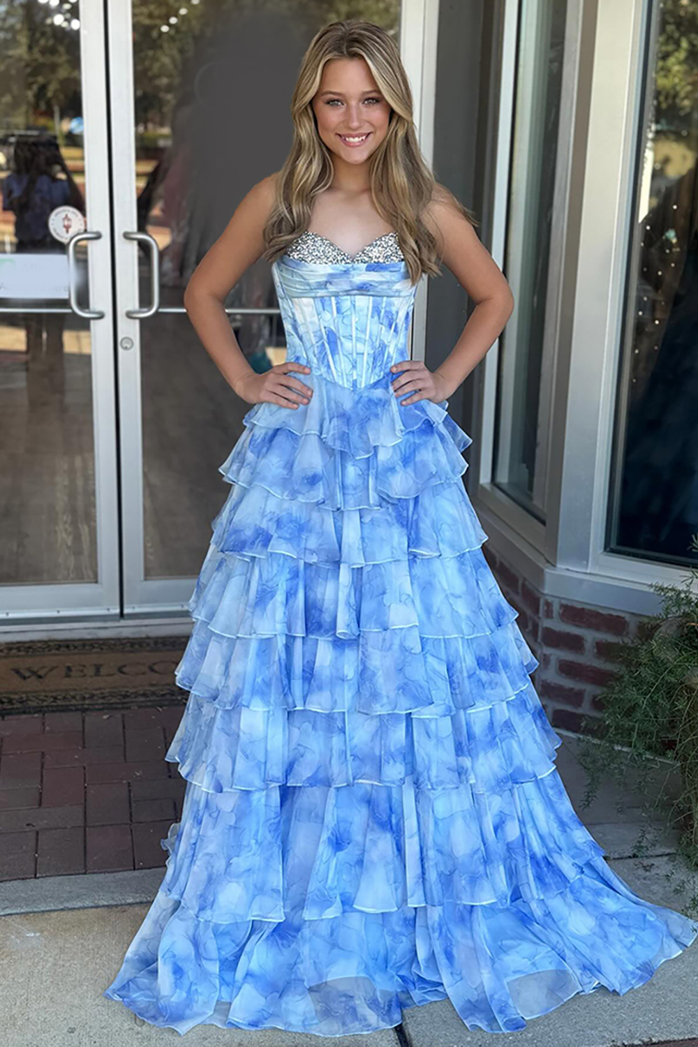 Sparkly Blue Flower Sweetheart Corset Ruffled Long Prom Dress with Beading