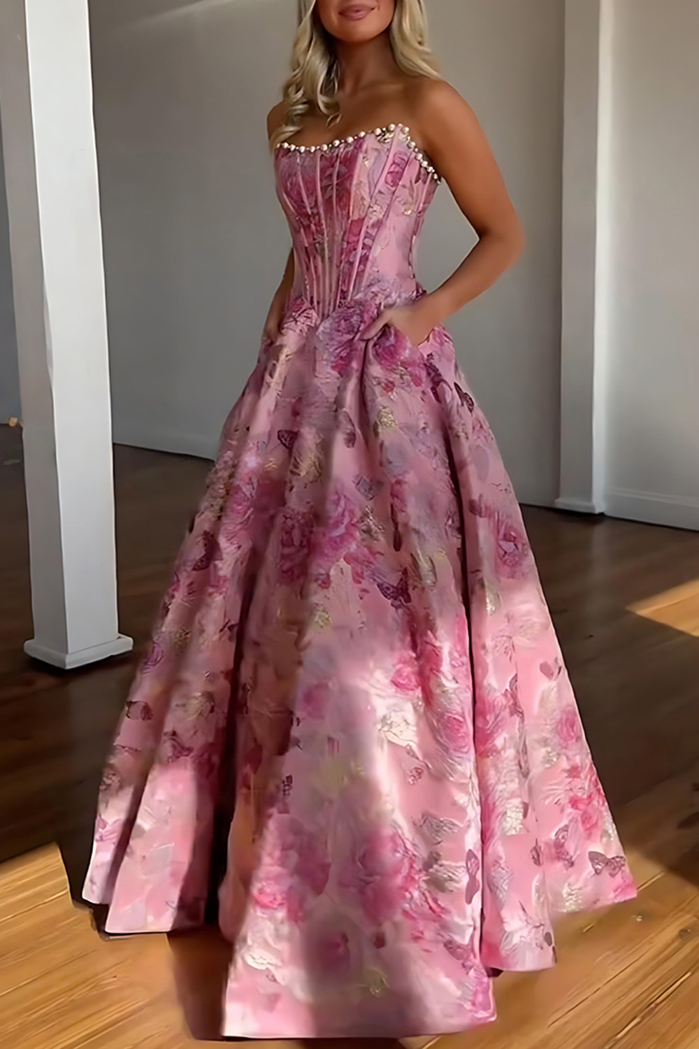 Sparkly Grey Blue Flower Strapless A-Line Long Corset Prom Dress with Beading