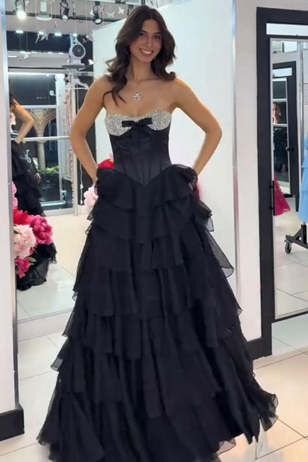 Sparkly Blue A-Line Strapless Tiered Long Corset Prom Dress with Slit