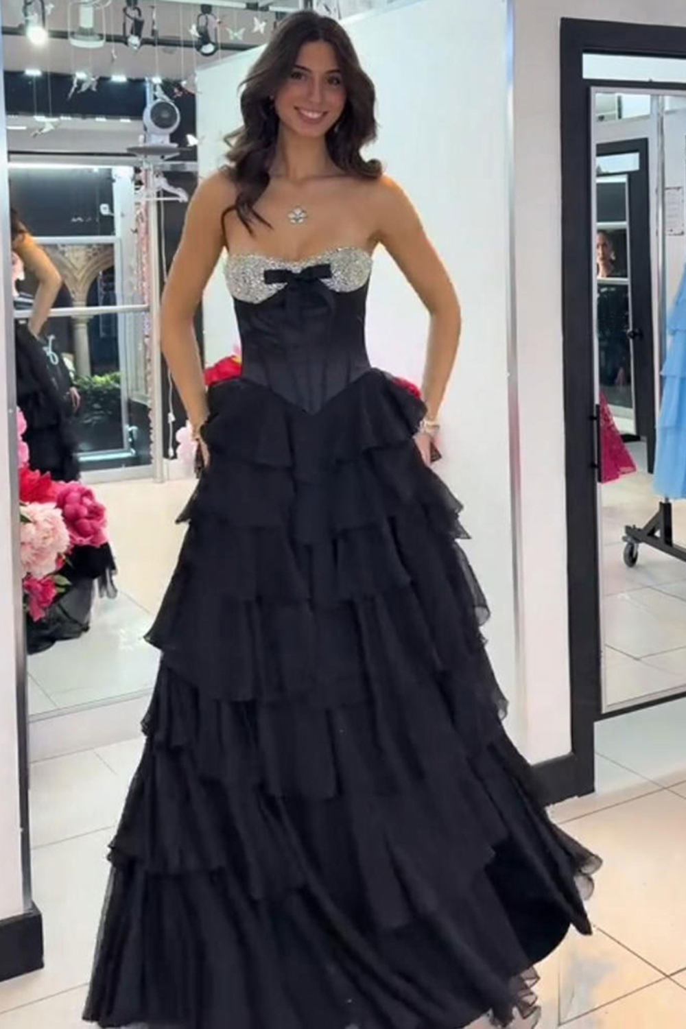 Sparkly Blue A-Line Strapless Tiered Long Corset Prom Dress with Slit