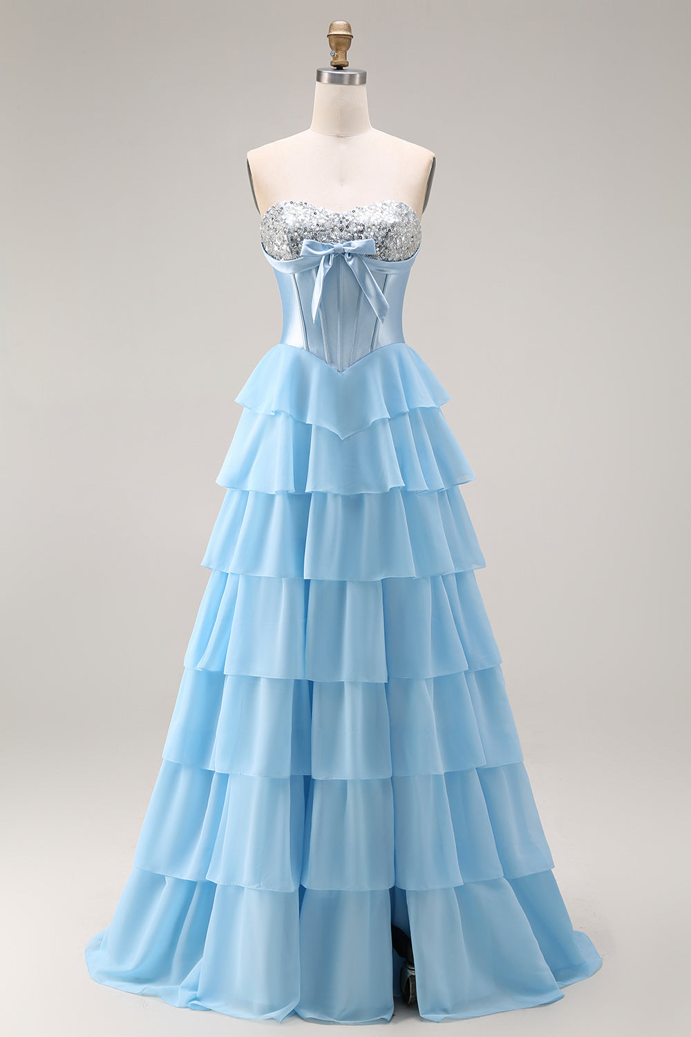 Sparkly Blue A Line Sweetheart Tiered Corset Long Prom Dress with Bow