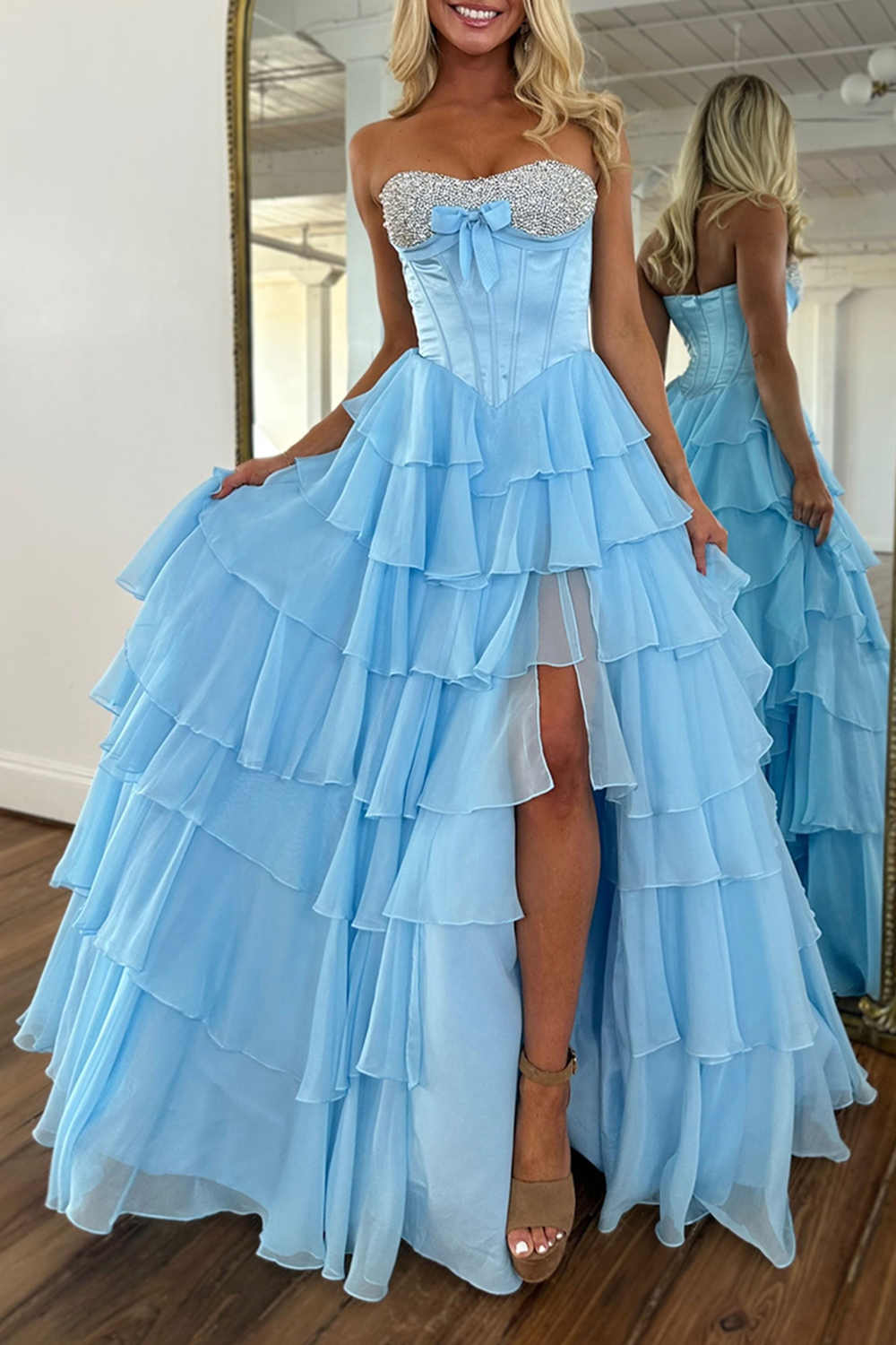 Sparkly Blue A-Line Strapless Tiered Long Corset Prom Dress with Slit