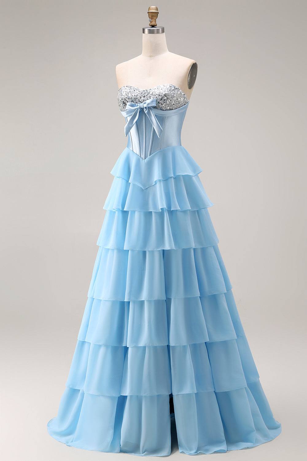 Sparkly Blue A Line Sweetheart Tiered Corset Long Prom Dress with Bow