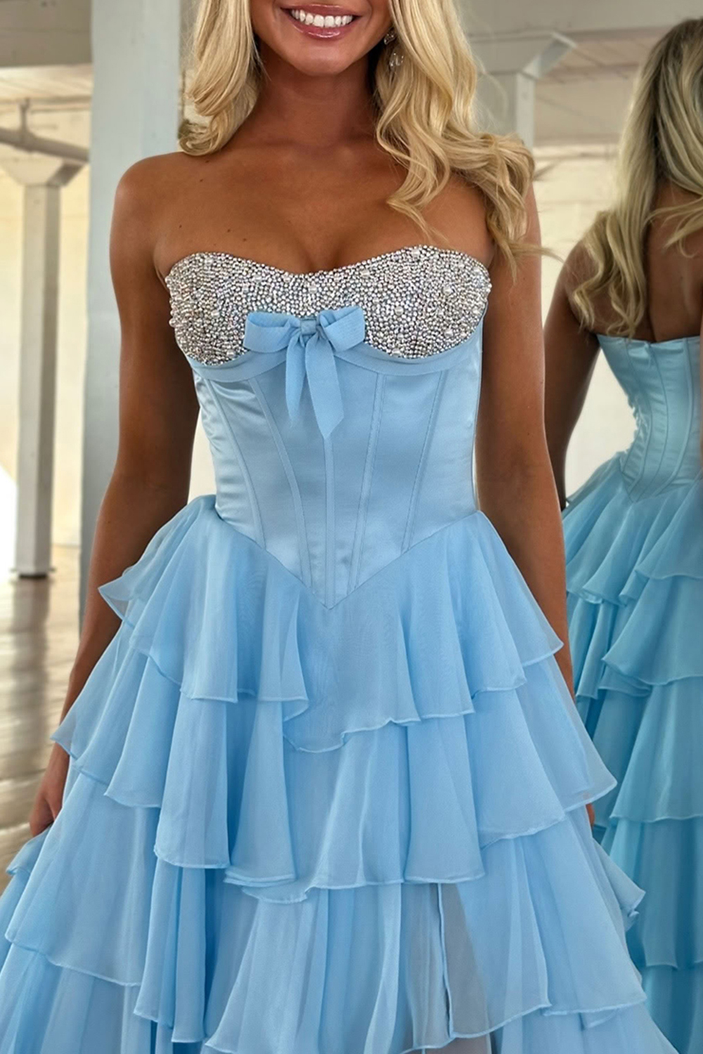 Sparkly Blue A-Line Strapless Tiered Long Corset Prom Dress with Slit