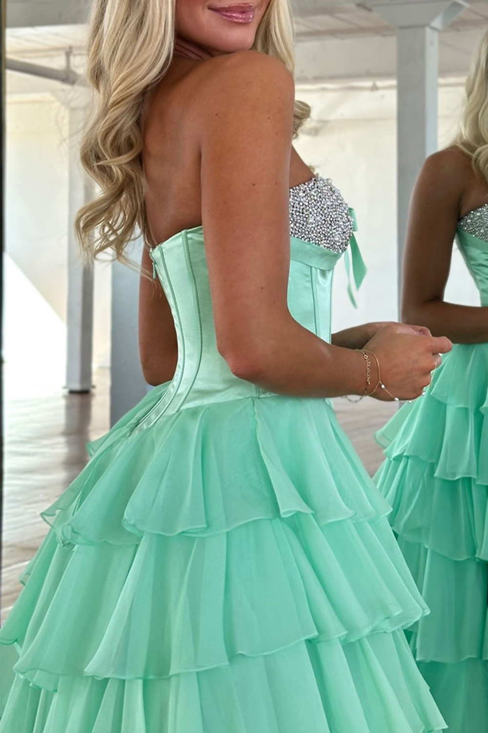 Sparkly Blue A-Line Strapless Tiered Long Corset Prom Dress with Slit