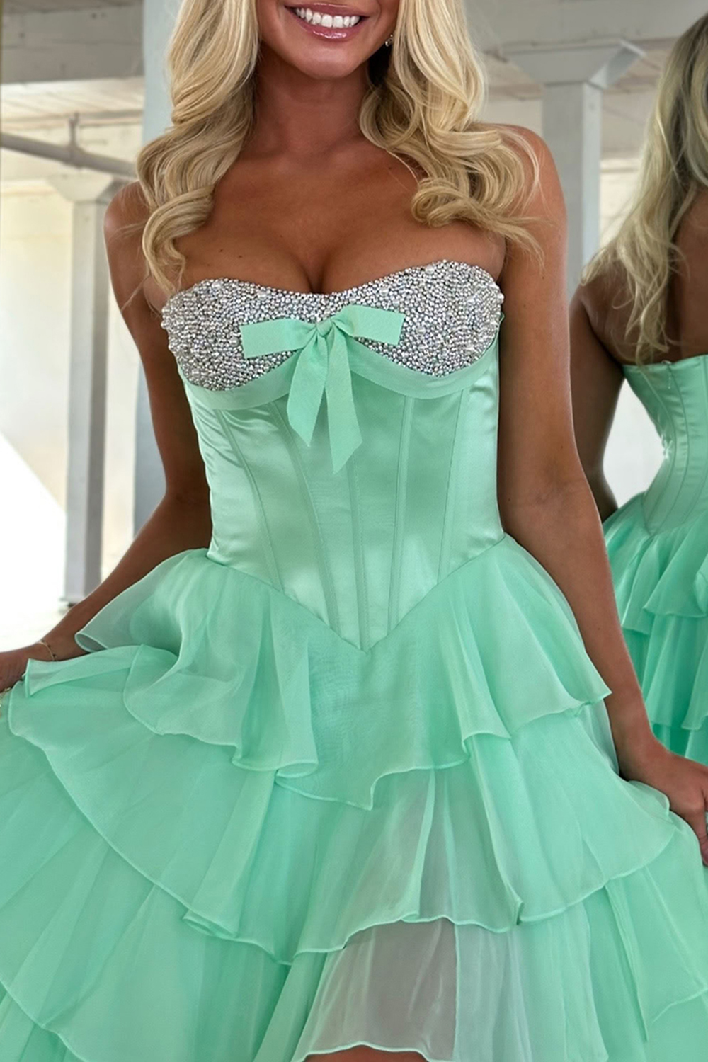 Sparkly Blue A-Line Strapless Tiered Long Corset Prom Dress with Slit