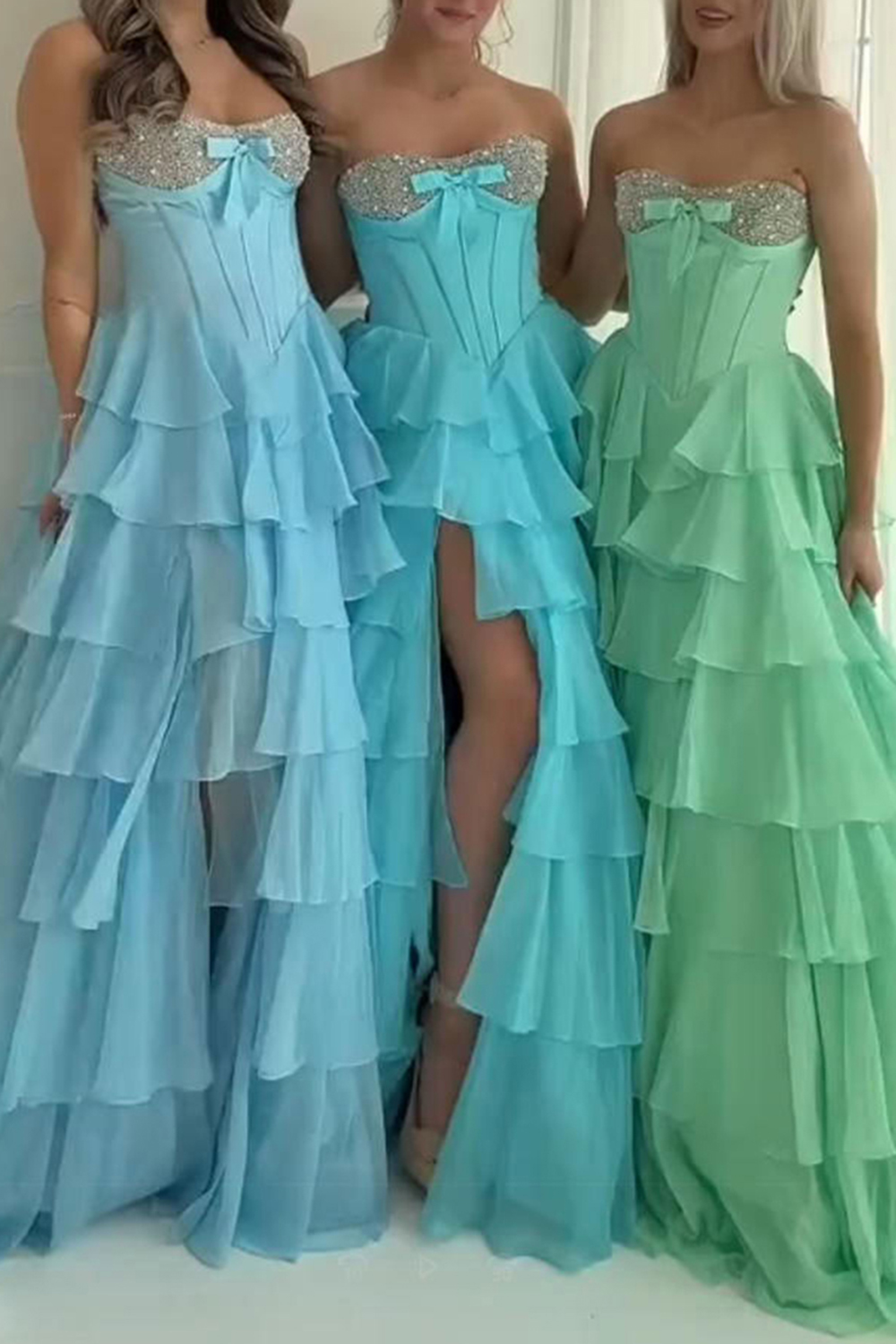 Sparkly Blue A-Line Strapless Tiered Long Corset Prom Dress with Slit